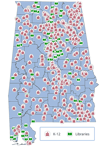 Alabama state map showing ASA K-12 and Library Clients 2023