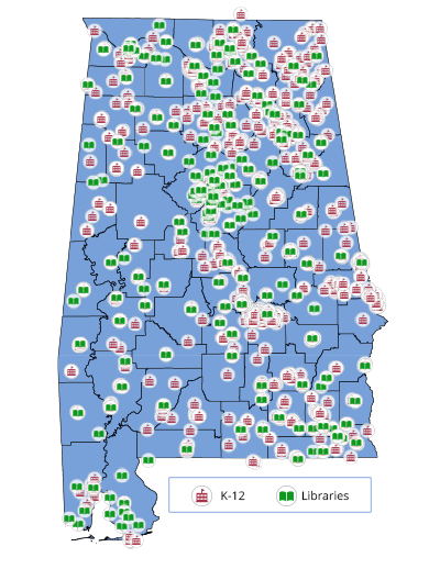 Alabama map with symbols showing AREN K-12 and Library clients