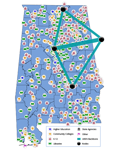 Alabama state map showing ASA clients and network backbone