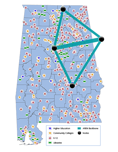 Alabama state map showing ASA clients and AREN backbone