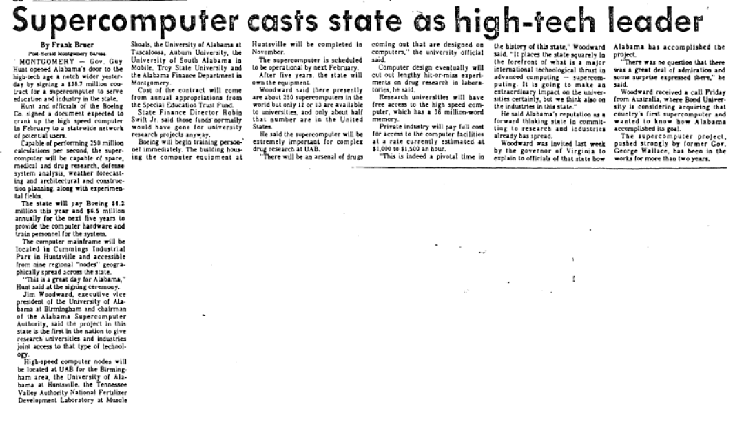 Copy of newspaper clipping from 1987 Birmingham Post-Herald entitled "Supercomputer casts state as high-tech leader" by Frank Bruer