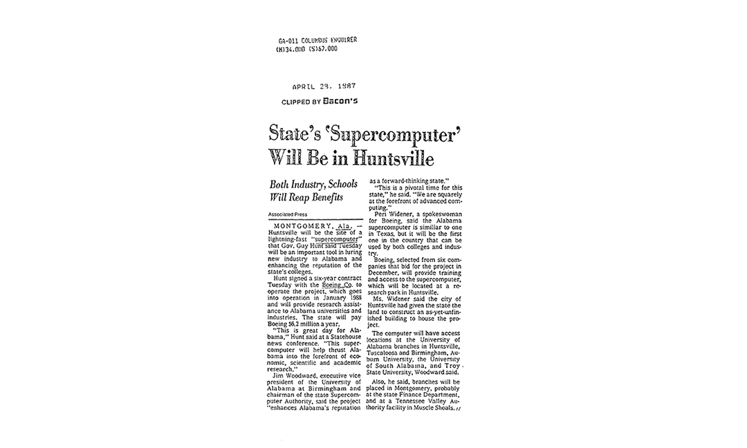 Photocopy of newspaper article from Columbus Enquirer, April 1987 titled "State's Supercomputer Will Be in Huntsville"