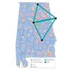 Map of Alabama showing different colored symbols representing ASA network members in all counties including K-12, Higher Ed, Community Colleges, and libraries, overlaid by diagram of Network backbone.