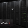 White and red ASA-X logo overlaying photo of black ASA-X supercomputer racks with ASA logo triangle